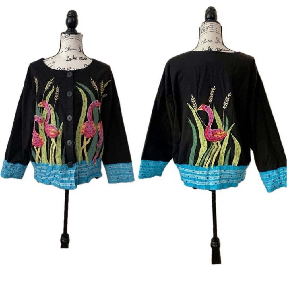 90’s Y2K FLAMINGO ALL OVER BLAZER COAT EMBROIDERED BEADED SZ XL RARE  ECLECTIC - Picture 2 of 16